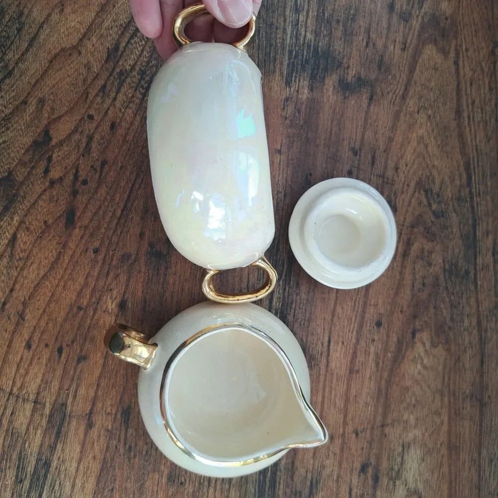 Vintage 60's 2pc Set Chic Pottery Ohio Sugar Creamer Bowl Dish Lusterware Gold